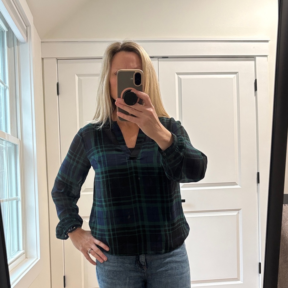 A New Day Dark Plaid V-Neck Blouse